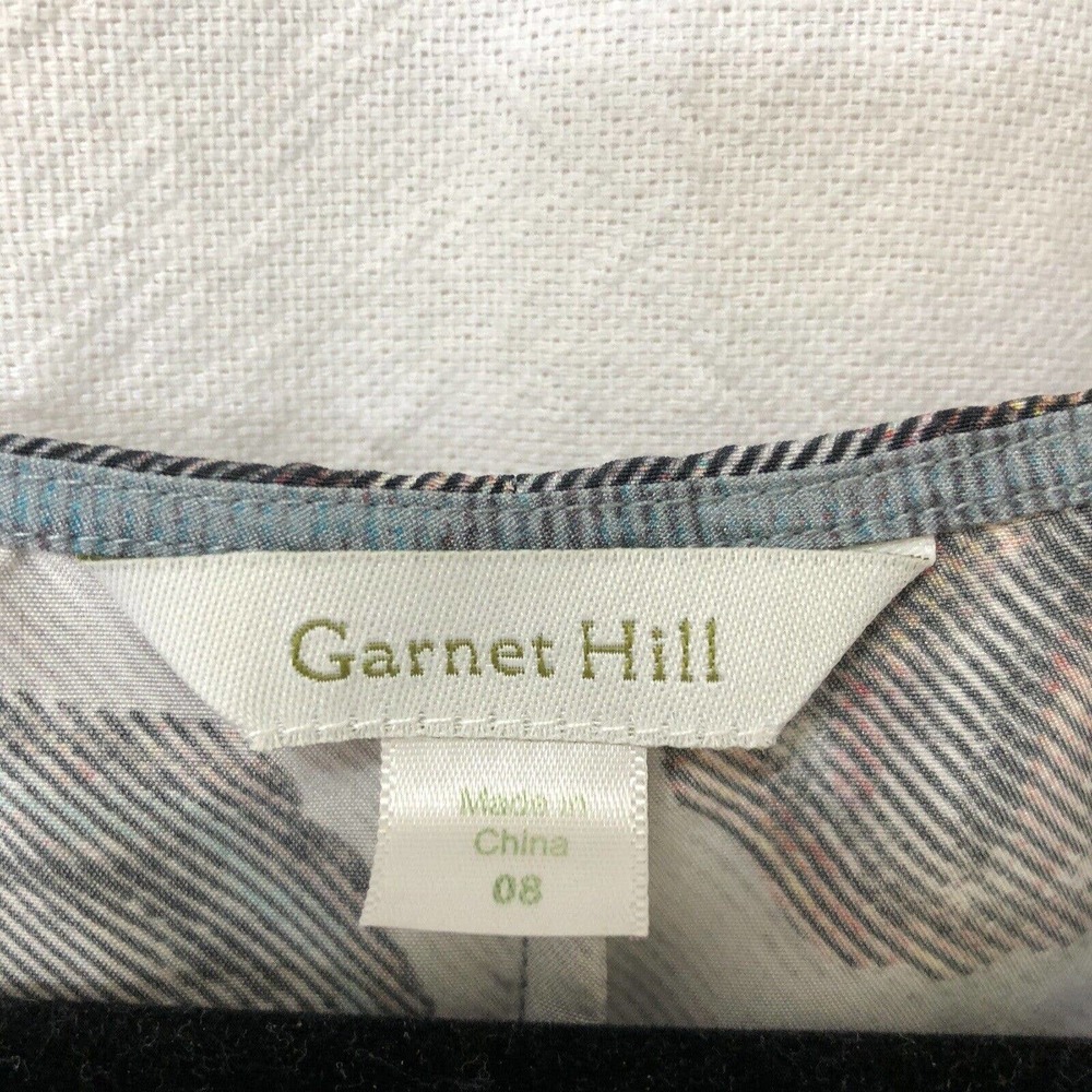 Garnet Hill SZ 08 Silk Tie Front Tunic Dress Short Sleeve Blue Gray Leaves Short - Picture 6 of 7